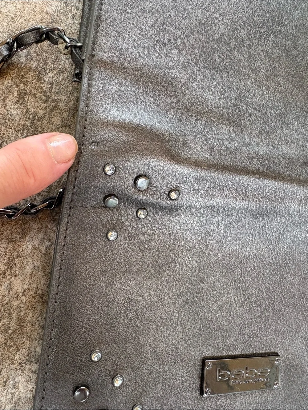 bebe Metallic Gunmetal Gray Studded Crossbody Bag